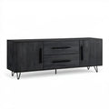Czarna szafka RTV z płyty MDF i stali, 180 × 40 × 65 cm, 2 szuflady i 2 drzwiczki
