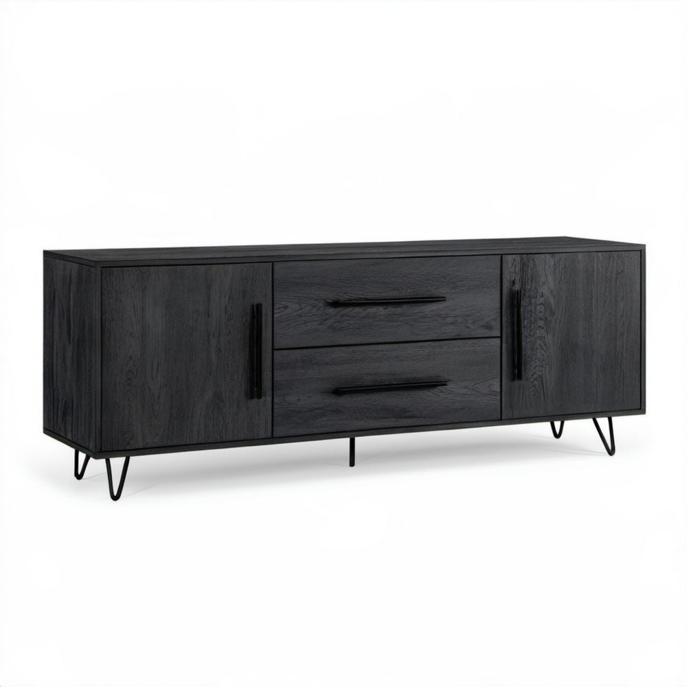 Czarna szafka RTV z płyty MDF i stali, 180 × 40 × 65 cm, 2 szuflady i 2 drzwiczki
