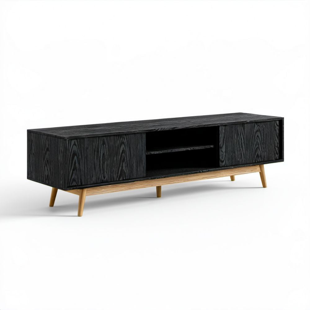 Czarna szafka RTV z płyty MDF i forniru jesionowego 180 × 40 × 55 cm